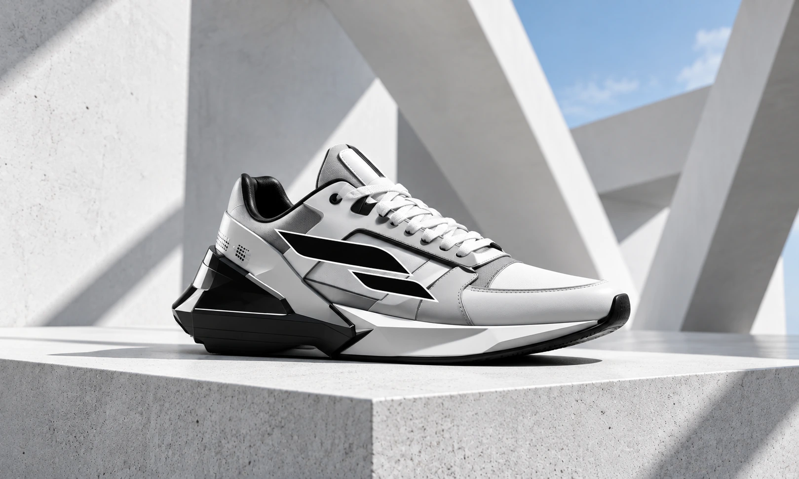 Campagne produit AWKONE sur mesure : chaussure sculpturale originale blanche et noire dans un studio architectural