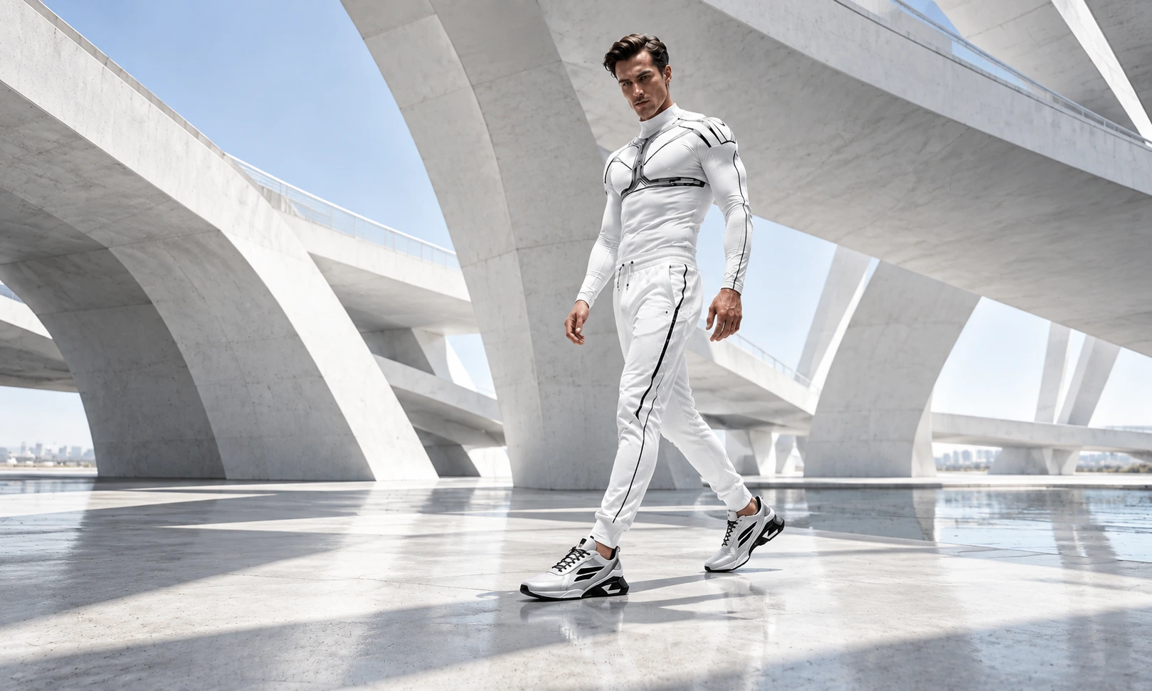 Campagne AWKONE sur mesure en mouvement : vêtements techniques blancs et chaussures sculpturales originales sous une architecture de béton