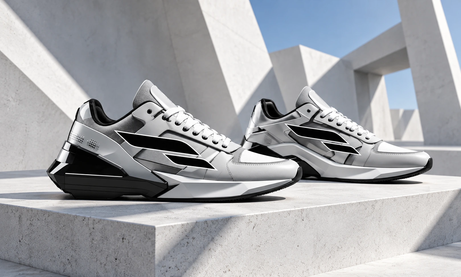 Nature morte produit AWKONE sur mesure : paire de chaussures originale blanche et noire à la lumière du jour