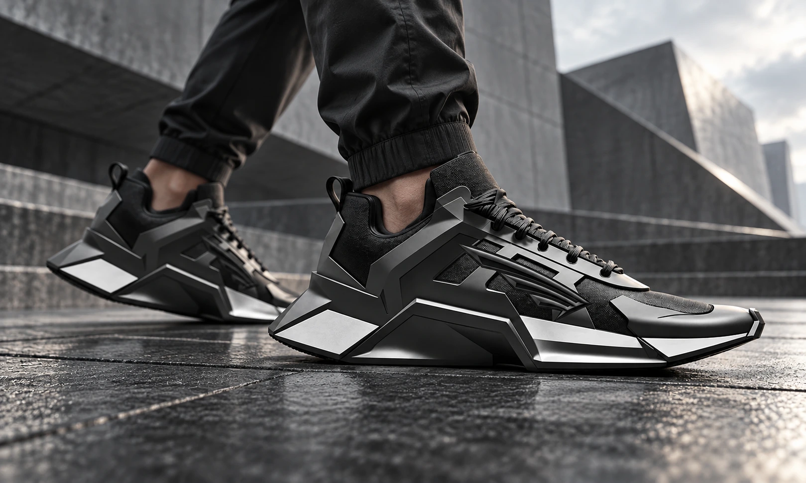 Campagne FLYCUBE sur mesure : chaussures sculpturales graphite portées sur une place de béton
