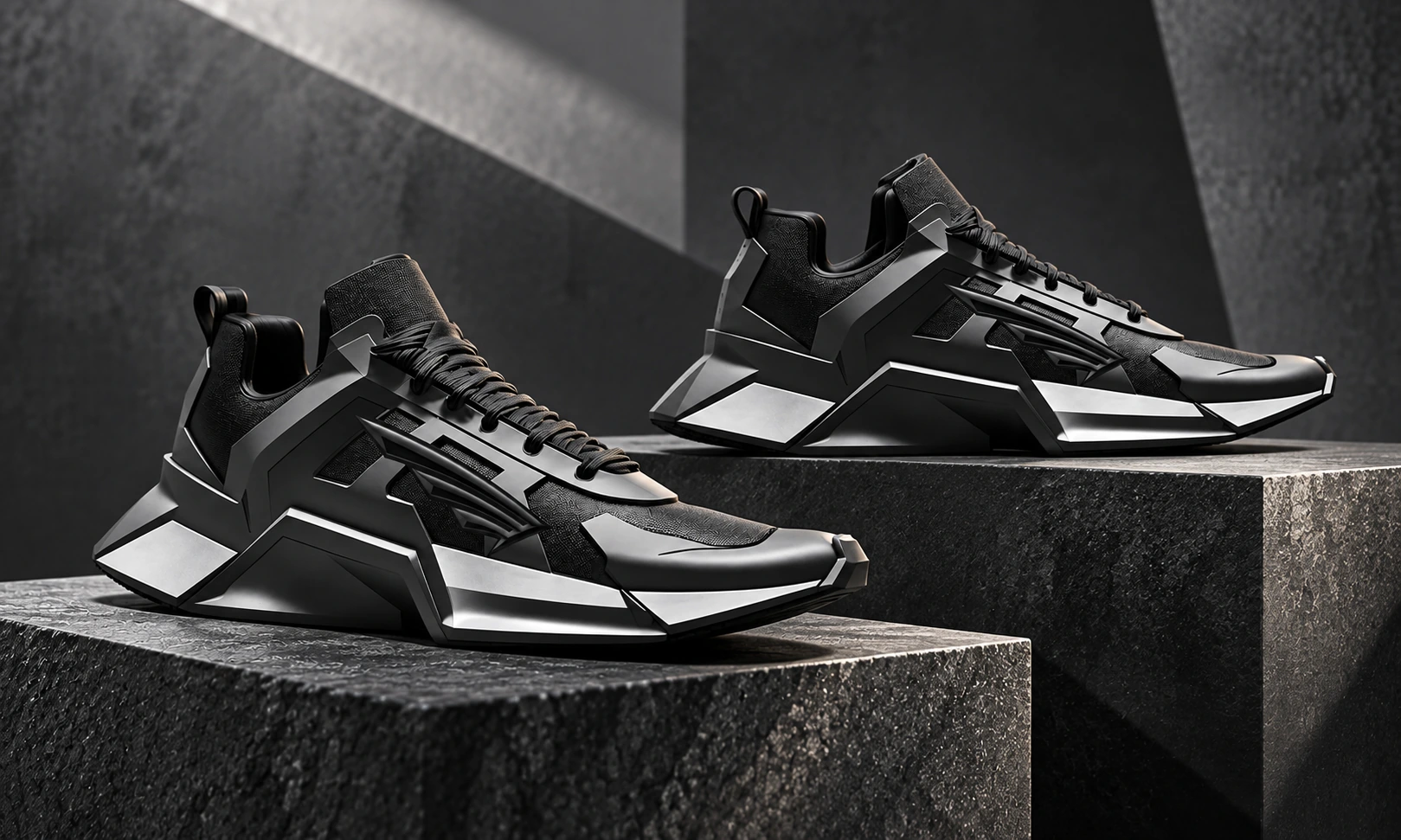 Nature morte FLYCUBE sur mesure : paire de chaussures sculpturales originales sur des socles de pierre sombre