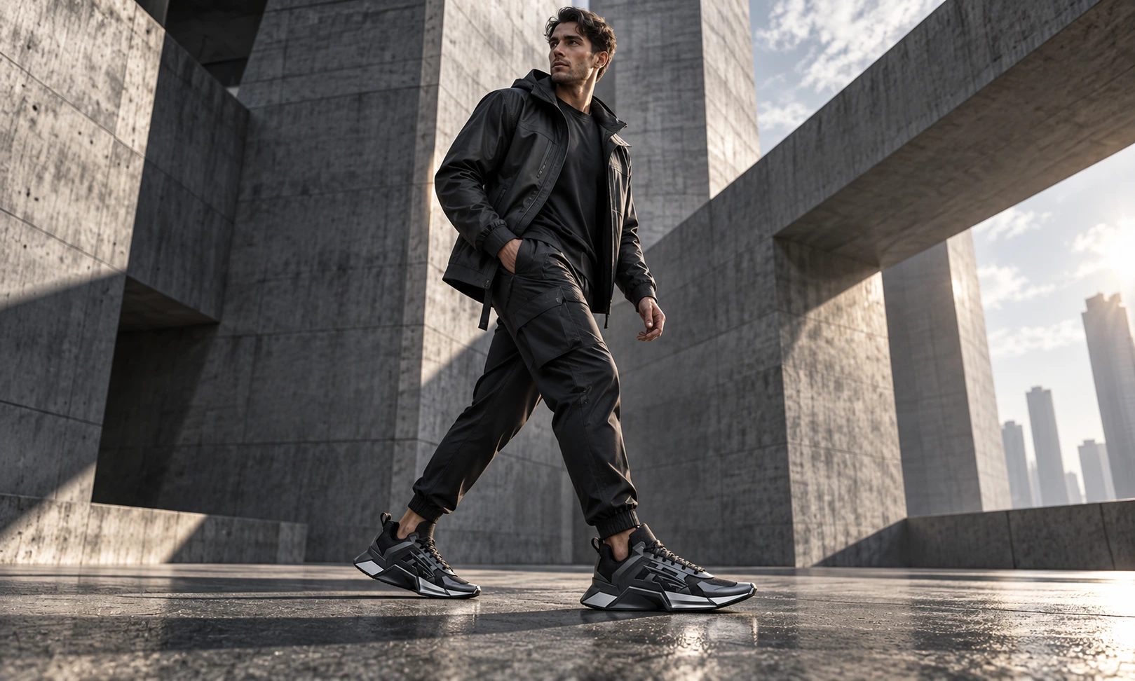 Campagne FLYCUBE sur mesure : vêtements techniques graphite et chaussures sculpturales dans une architecture monumentale