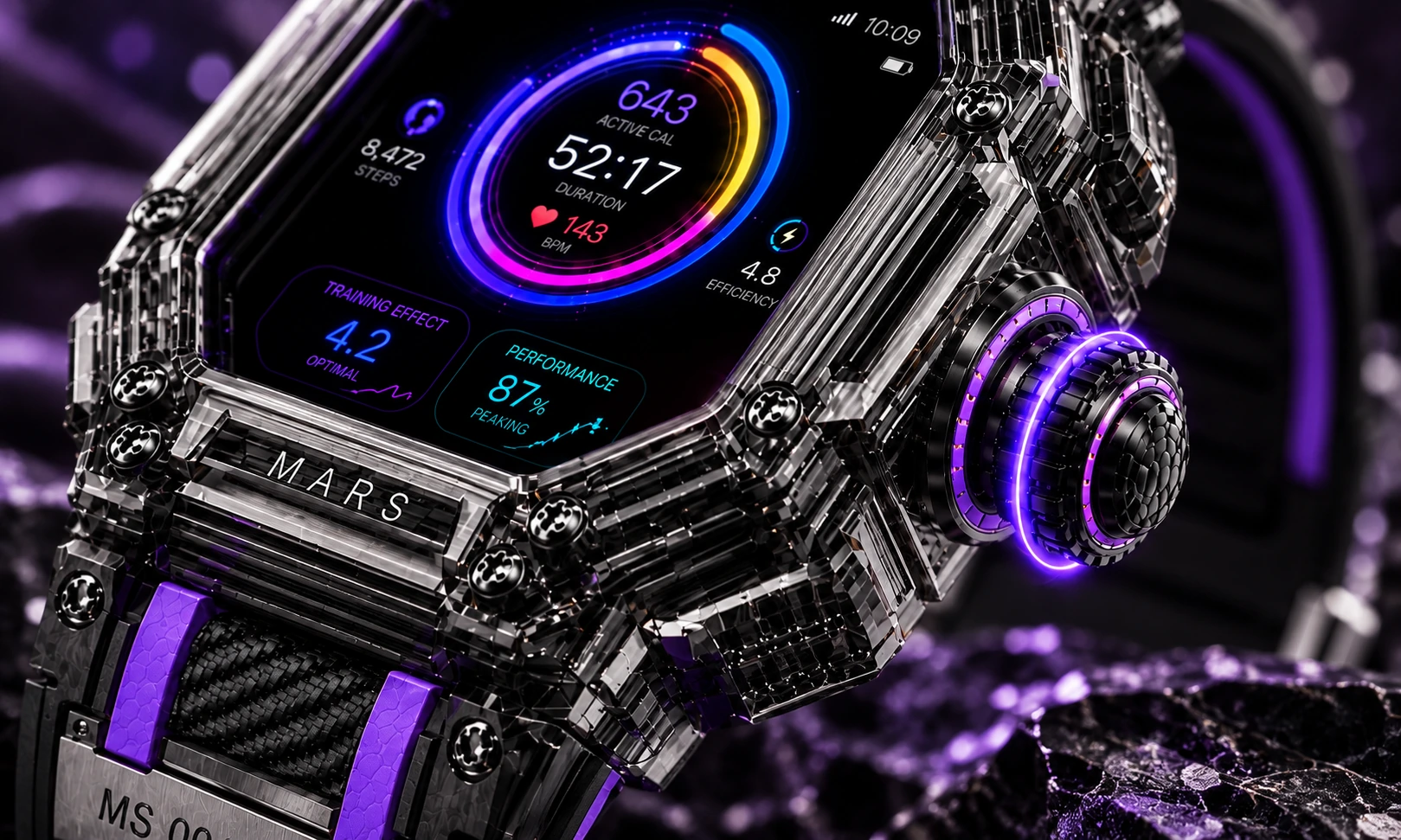 Campagne macro sur mesure du cadre et de la couronne de la montre originale MS 001-01, sous une lumière violette