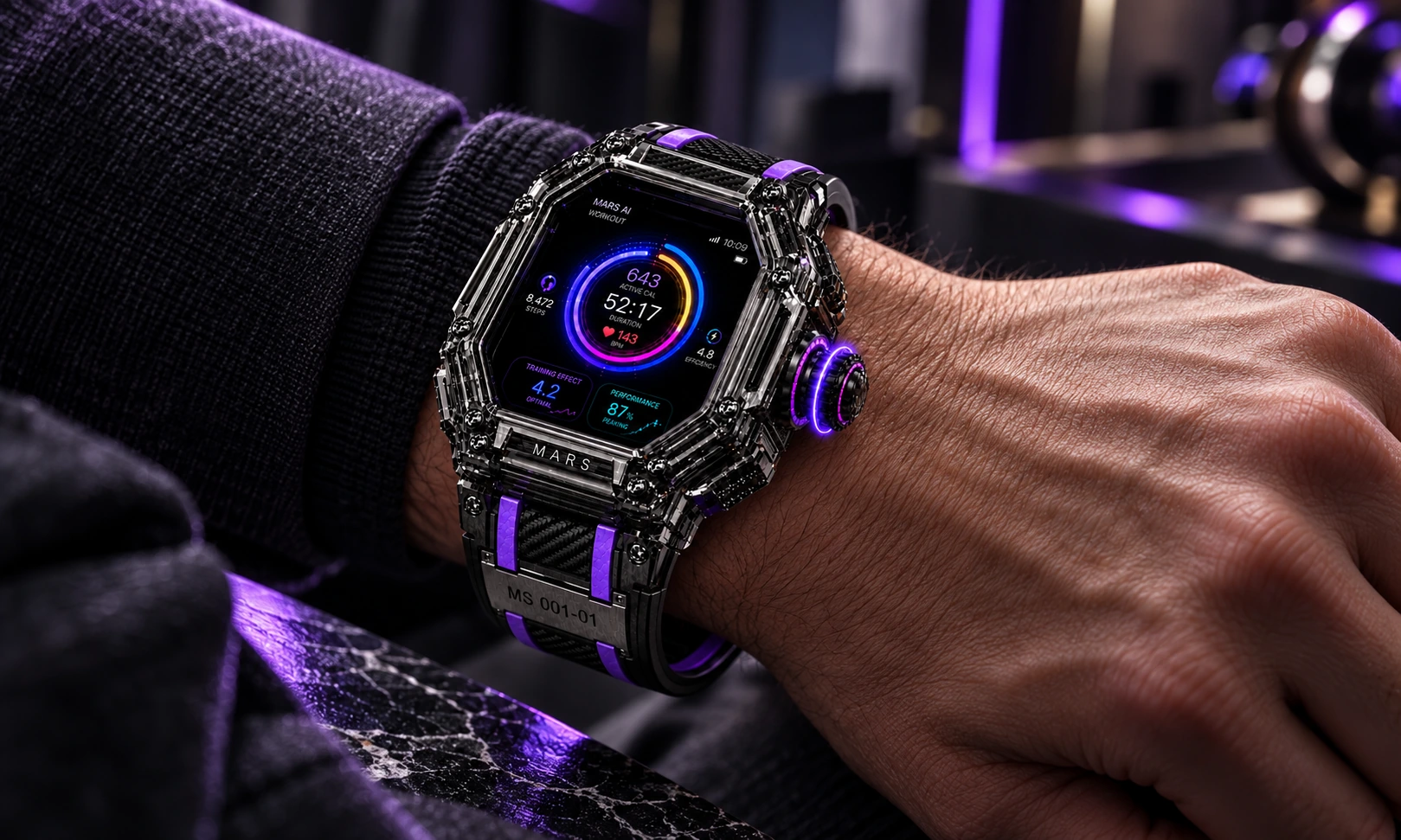 Campagne sur mesure de la montre originale MS 001-01 portée au poignet dans un studio sombre