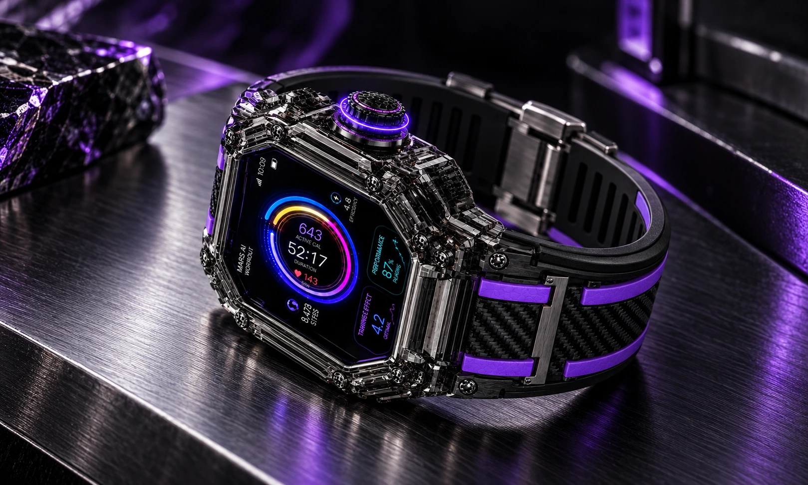 Étude produit sur mesure en trois quarts du boîtier et du bracelet originaux MS 001-01 sur du métal sombre brossé