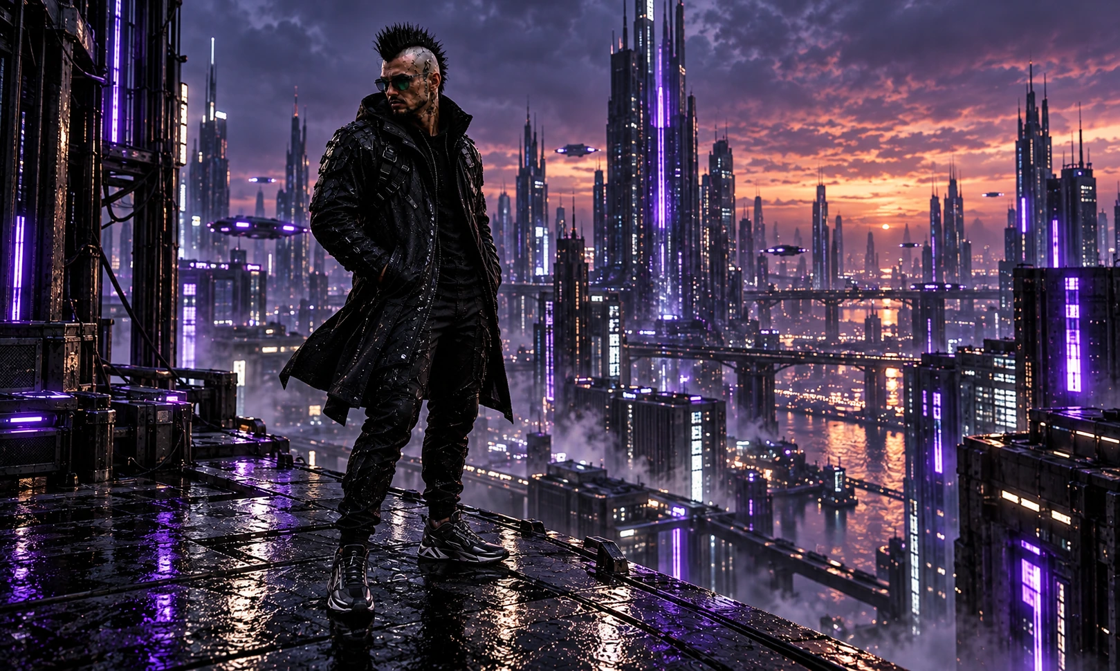 Scène cinématographique sur mesure de Neave sur un toit futuriste, dans les lumières violettes et acier de la ville