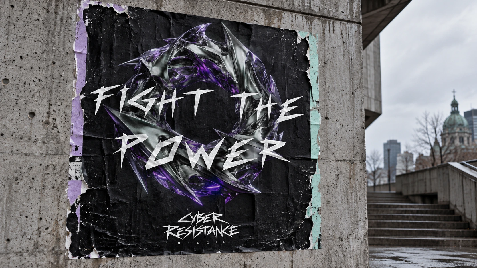 Concept d’affiche urbaine Cyber Resistance : lettrage original Fight the Power dans un décor architectural de béton