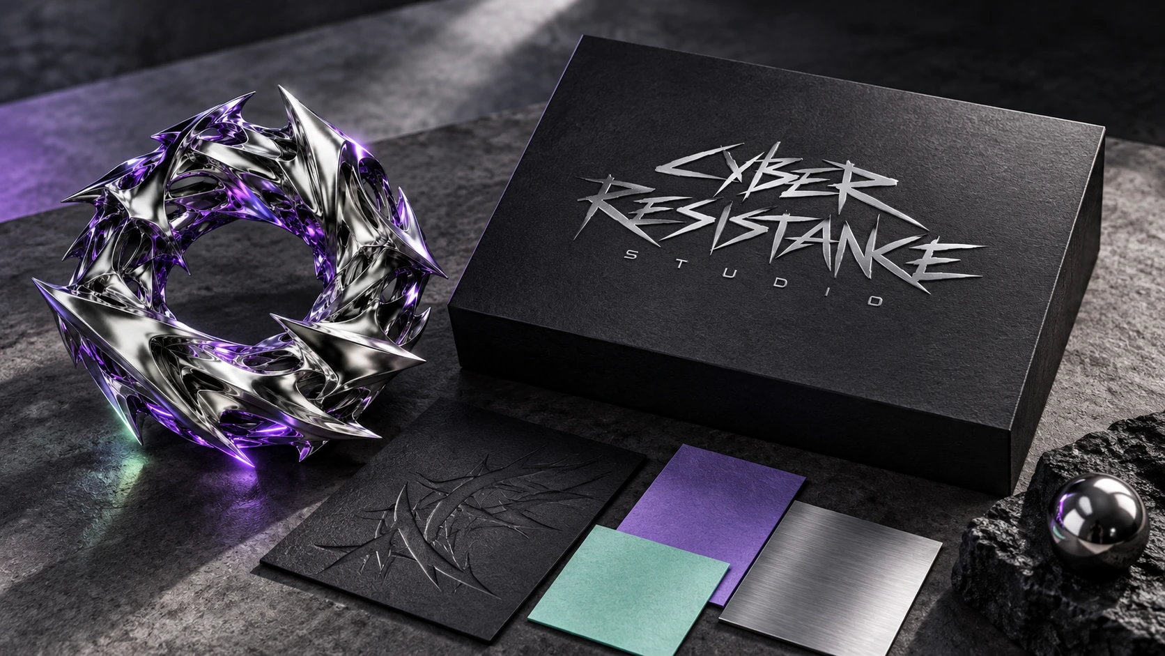 Concept de matières Cyber Resistance : sculpture chrome organique, coffret au logotype original et échantillons violet et menthe