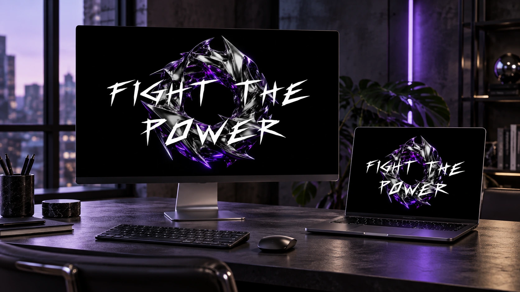 Concept de présentation numérique Cyber Resistance : accueil Fight the Power sur moniteur et ordinateur portable dans un décor de studio graphite