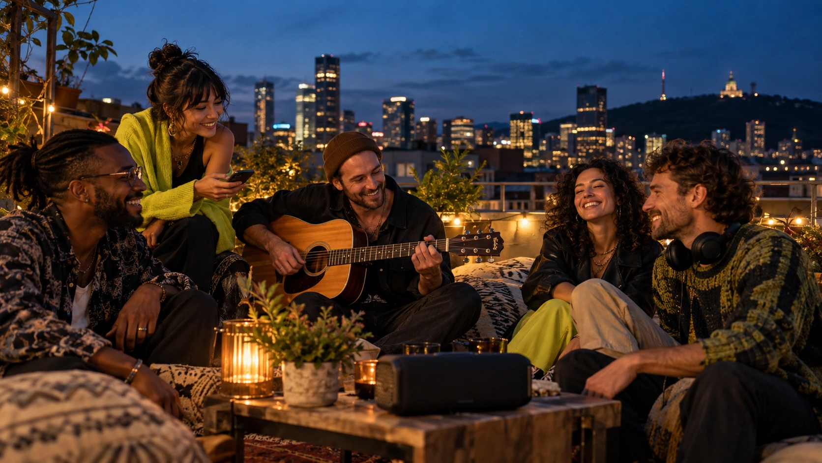 Des amis et un musicien indépendant partagent une session d’écoute sur un toit au crépuscule