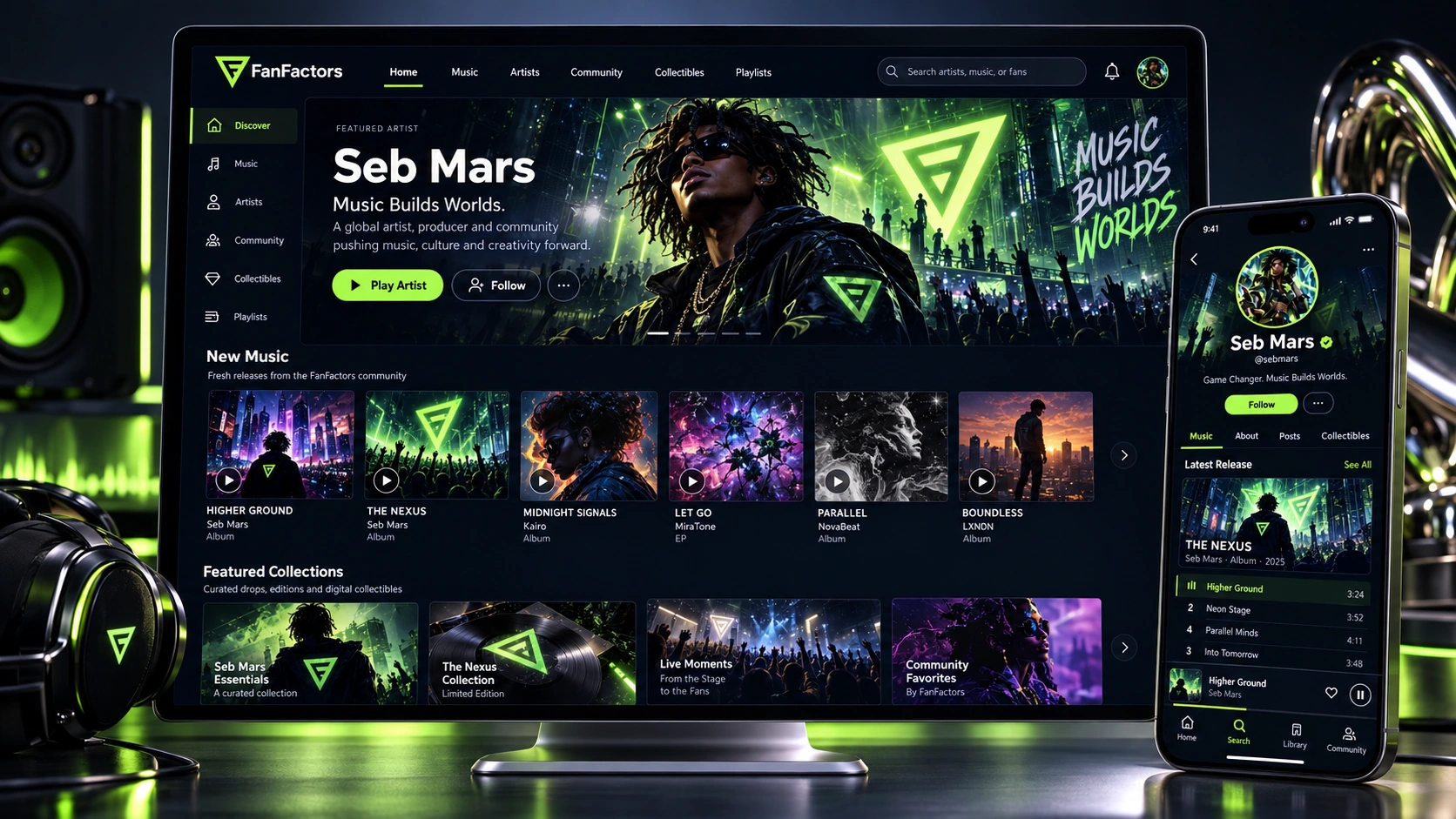 Vision créative de FanFactors sur ordinateur et téléphone : découverte musicale et communauté