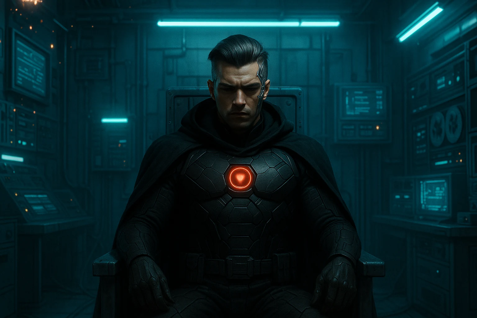 Jaxon assis dans une pièce cybernétique éclairée de bleu.