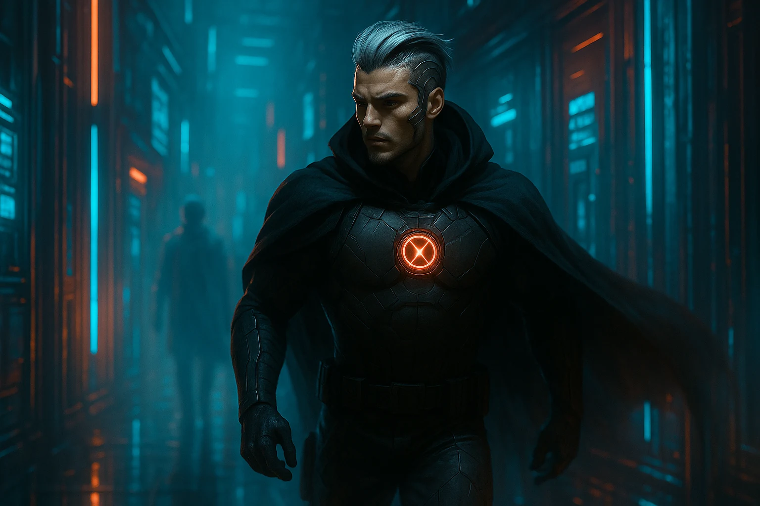 Jaxon dans une ruelle futuriste aux lumières bleues.