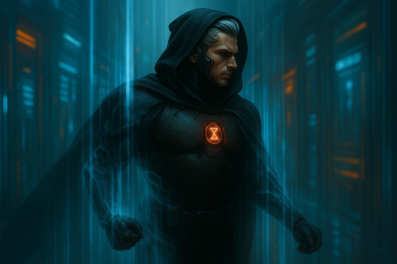 Jaxon encapuchonné dans une rue futuriste.