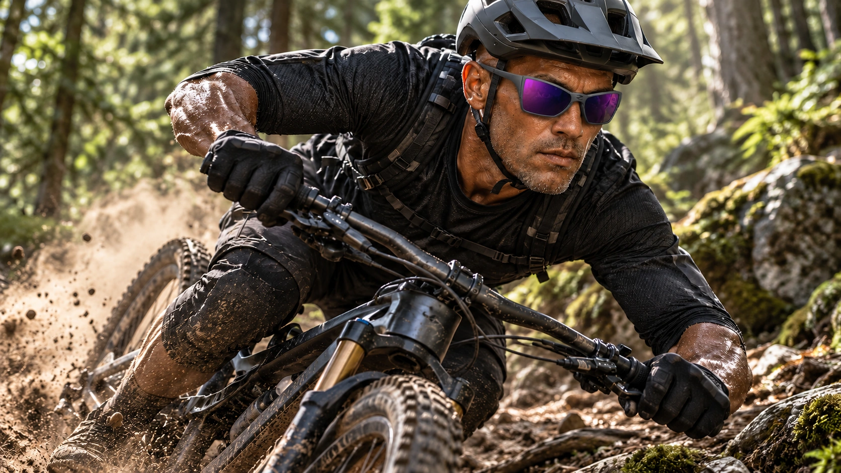 Campagne RAZAR sur mesure : un vététiste porte les lunettes KRANK graphite aux verres miroir violets sur un sentier forestier