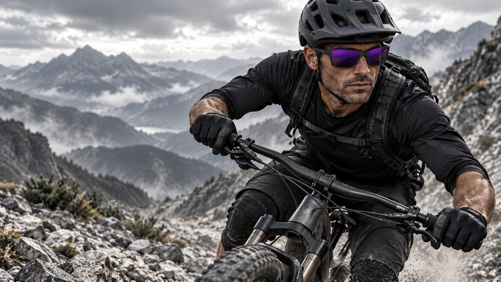 Un vététiste dans un paysage alpin gris porte les lunettes graphite de style KRANK aux verres violets